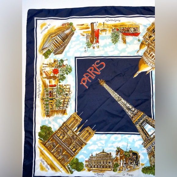 Vintage Paris France Souvenir Scarf Tourist Travel Scarf Blue White Eiffel Tower - Picture 5 of 9